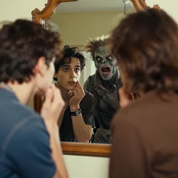 vintage photo of a person looking into a mirror and a friend frightening creature is looking back at them
