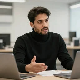 job wearing a black turtleneck, talking with god
