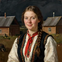 portrait of a woman from a village in siberia in traditional costume. painting by jan van eyck, georges de la tour