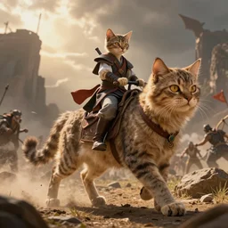 a small cat warrior riding on a large cat steed into adventures quests and battles with dramatic backgrounds and epic glory