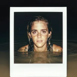 film still, close up, emma watson rising out of muddy vietnam river, face covered in mud, low camera angle at water level, night time, film still from apocalypse now ( 1 9 7 9 ), 2 6 mm polaroid polaroid polaroid polaroid polaroid expired expired expired,