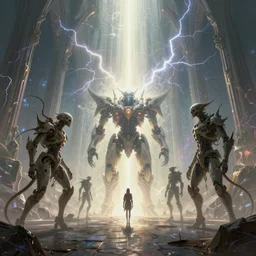 ambient occlusion render metaphysical scifi cosmic skullpunk creatures entering the ethereal plane mecha cathedral by beksinski, art by artgerm, wlop, loish, ilya kuvshinov, muted vaporwave ombre, leading lines, fractal lightning, lichtenberg figures, vanishing point, volumetric lighting, god rays