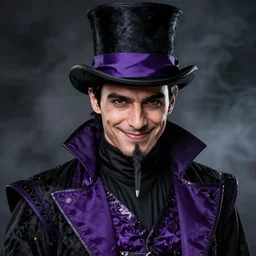 a portrait of mena massoud wearing purple and black ringmaster attire, nefarious smirk, young adult in his early 3 0 s, black hair, medieval, black top hat with a purple ribbon, pencilthin goatee, warlock, smokey background, style by donato giancola, wayne reynolds, jeff easley dramatic light, high detail, cinematic lighting, artstation, dungeons and dragons