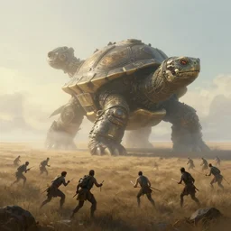 a tribe fighting a single giant steampunk turtle monster on the empty plains at dawn, ethereal fantasy art by greg rutkowski
