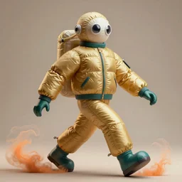 a single striding slender figurine of a tall giant inflated hazmat woman wearing over sized gold teal puffy bomber jacket, long bendy arms and legs, googly eyes, tareme eyes, small head, personification, dynamic pose, detailed product photo, tone mapped, beautiful composition, orange mist swirling at feet, 8 5 mm, f 5. 8