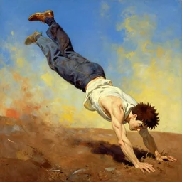 abstract art depiction of a man diving into dirt, digital painting, masterpiece, beautiful, gorgeous, 4k wallpaper, by Rembrandt, by Moebius, by Hayao Miyazaki, by Walt Disney, by Salvador Dali