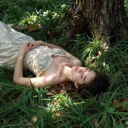 gorgeous woman lies overgrown with grass and trees, style of mironishin story