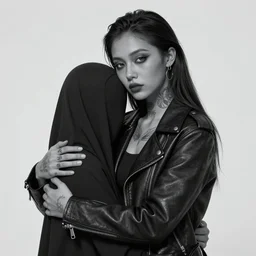 Hot young woman, grey skin, void eyeballs, tattoos, wearing a leather jacket, hugging a shrouded person as they cry on her chest, comforting, touching, wholesome, art, watercolour, big sister, little brother, 4k