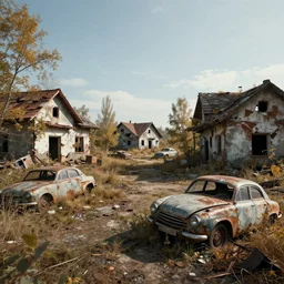 low wide angle shot of dilapidated fallout 5 europa, retro futuristic overgrown euro rural town, desolate, dilapidated houses, few rusted retro futuristic vintage parked vehicles like cars, one shiny vintage motor, volumetric lighting, photorealistic, daytime, autumn, cold sunny weather, sharp focus, ultra detailed, 4 2 0 0 k