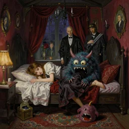 realistic detailed image of a girl in anold soviet girlish room with a little monster  hiding!!! under the bed!!! by  Ayami Kojima, Amano, Karol Bak, Greg Hildebrandt, and Mark Brooks, Neo-Gothic, gothic, rich deep colors. Beksinski painting, part by Adrian Ghenie and Gerhard Richter. art by Takato Yamamoto. masterpiece. ultra details, high quality, high resolution .