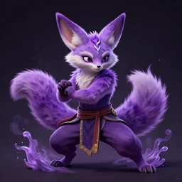 Anthropomorphic purple fennec character, kung fu, high fantasy, World of Warcraft, lavenderfennec, splashcreen character art, artstationhd, trending on artstation, detailed fur, beautiful cinematic