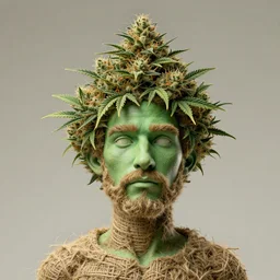 a man made of hemp, with a head in the form of a cannabis bloom, man like smurf, green skin, character, art by james jean and greg rutkowski!!, realistic face, digital art,, golden ratio, perfect composition, trending on artstation, 8 k