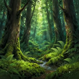 beautiful ancient forest, matte painting, beautifully painted, beautiful lighting, enchanted forest, jeremy lipking, studio ghibli, princess mononoke, 8 k, rays of light, amazing detail, princess mononoke background paintings, hayao miyazaki, kazuo oga, enchanted lighting, high contrast, rule of thirds, bright green moss, japanese woodblock prints, ferns, mountain stream