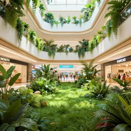 Interior of an mall, overgrown with plants, rendered by Beeple, by Makoto Shinkai, syd meade, synthwave style, environment concept, digital art, unreal engine, WLOP, trending on artstation, 4K UHD image, octane render,