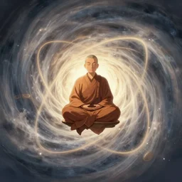 illustration of a peaceful levitating meditating monk in the centre of a swirling atom, studio ghibli, ultra hd