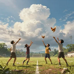 wide shot of four people throwing a chicken in the air on an run - down soccer field, hyperrealistic, volumetric lighting, giant clouds, godrays, 4 k, digital painting by akira toriyama, highly detailed background, trending on artstation