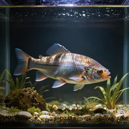 a fish walking around in a fish tank with legs