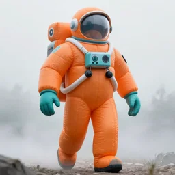 an tall giant inflated astronaut in an orange and teal suit, striding through in mist. highly detailed