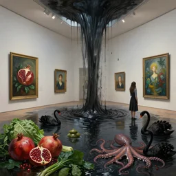 painting of a flooded art gallery and a tall emo girl, art gallery interior, a waterfall of black liquid coming from a painting and flooding the gallery, pomegranates, green vegetables,, octopus, zen, black swans, berries, wide panoramic view, surrealist, by magritte and monet