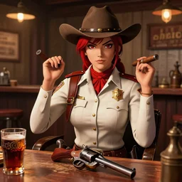 detailed ultra sharp, red female sheriff, global lighting, theme saloon from a western, western saloon, booze, revolver, cigars, sheriff sitting in a saloon, all in the style of yoshihiro togashi.