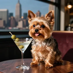A yorkie partying in New York and drinking martini with olive