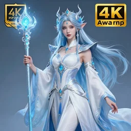 beautiful elemental sky witch with ornate white and blue robes and staff, highly detailed, 4 k, hdr, smooth, sharp focus, high resolution, award - winning photo, artgerm, photorealistic