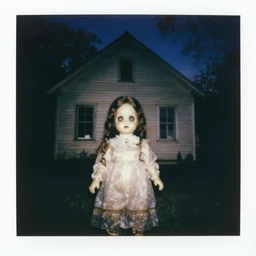 creepy polaroid photo of a cursed doll found in a house