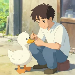 illustration of a man in the street whose profession is maker of stuffed animals in the shape of a duck, disney, pixar, cartoon, cute, by makoto shinkai