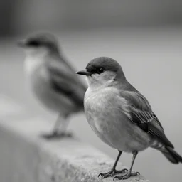 two birds with shallow depth of field, hyperrealistic, 35mm black and white photo