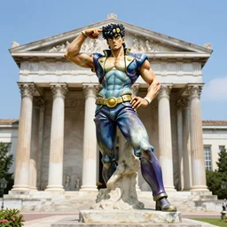 a classical greek sculpture of josuke from jojo's bizarre adventure, tourism photography