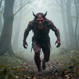 a screaming demon is chasing you through the woods, light fog