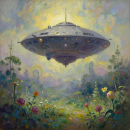 elven spaceship looming above garden. gouache fairytale art, russian romanticism, muted palette, psychedelic art, backlighting, depth of field