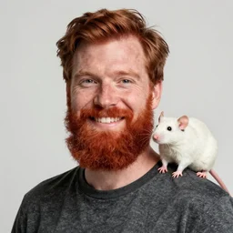 portrait of a smiling red bearded man with a pet white rat on his shoulder, trending on flickr, 8 k