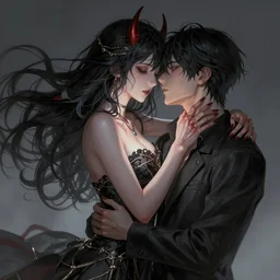 love couple, woman loves demon, pain, light effect, hyper detailed, intricate, elegant, highly detailed, digital painting, artstation, concept art, matte, sharp focus, illustration, by dan mumford, yusuke murata, makoto shinkai, ross tran