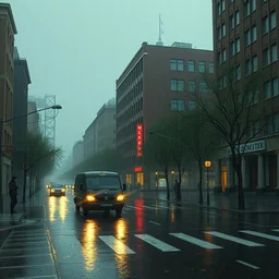 rainy day in post soviet city, digital art by simon stalenhag