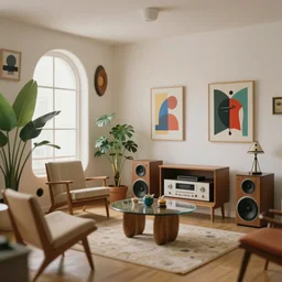 tilt shift focus, miniature 1 9 5 0 s japanese interior designed by gaudi and jeff koons, organic brutalist, zaha hadid, salvador dali, wes anderson, house plants, hi - fi stereo with speakers, modern furniture, bold modern art, mid century, minimal, parametric