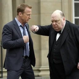 Two subjects: Bruce Willis as John McClane punching Winston Churchill