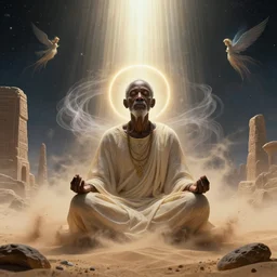 African elder meditating in space, halo, light shafts, wisps, sandstorm, light diffusion, godly, ascending, by moebius, digital art, beautiful, sacred, holy, surreal, fantasy art, oasis, by durer, durer, fairies, surreal alien kingdom, ancient civilization, alien language, space civlization, dmt entity,