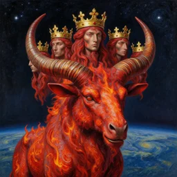 diadems, crowns, crowns on a ten horned beast with seven heads, fiery red, detailed, intricate, matte painting by Les Edwards, Michael Whelan, Jim Burns, in background starry night sky and distant earth