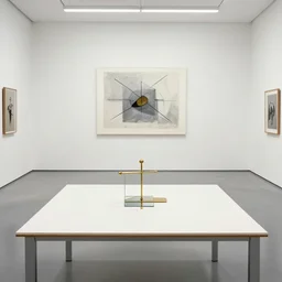 an object on a table in a vast room, by marcel duchamp, archival pigment print, 1 9 2 0, academic art, conceptual art, white, grey, gold, glass, metal readymade