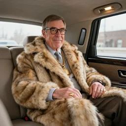 interior of a limousine : : mr. rogers rocking a fur coat, big gold chains, three finger rings, og hustler, gangster