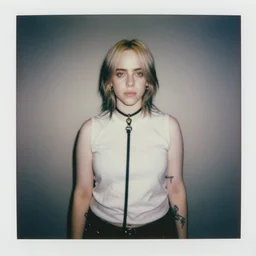 billie eilish with a leash around her neck, old polaroid film photo, ultrarealistic, talented, perfect anatomy