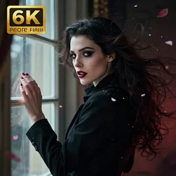 hyperrealistic portrait of a woman as amber heard as a vampire witch tears makeup in a black coat turned back while closing a window over the shoulder shot portrait with falling petals in wind. by jeremy mann and alphonse mucha, fantasy art, photo realistic, dynamic lighting, artstation, poster, volumetric lighting, very detailed faces, 4 k, award winning
