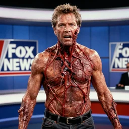 sean hannity body horror directed by david cronenberg, limb mutations, fox news studio background, swollen veins, red flesh strings, cinestill 8 0 0 t, 1 9 8 0 s movie still, film grain