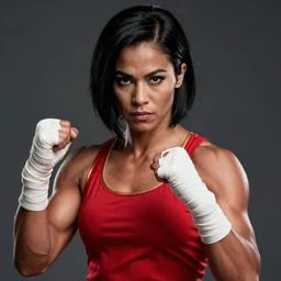 a portrait of victoria justice, muscular, wearing red attire, white bandages on fists, wearing red tanktop with gold lining, black hair, short - medium length hair, serious, style by donato giancola, wayne reynolds, jeff easley dramatic light, high detail, cinematic lighting, artstation, dungeons and dragons