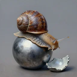 a close-up an immortal snail crawling out of a broken open Tungsten ball, painted in the style of Keathley Mark