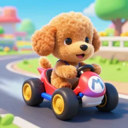 a toy poodle playing mario kart, photo realistic, 8 k, trending on artstation