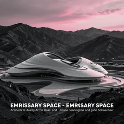 emissary space by arthur haas and bruce pennington and john schoenherr, cinematic matte painting, minimal modern, zaha hadid building in the mountains with snow, dark monochrome color palate, pink sunset,