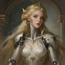 beautiful princess with cyberpunk implants, deep focus, d & d, fantasy, intricate, elegant, highly detailed, digital painting, artstation, concept art, smooth, sharp focus, illustration, hearthstone, art by ruan jia and greg rutkowski and alphonse mucha