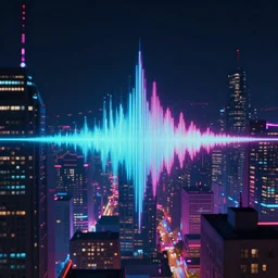 music visualization, sound waves, rithm, a futuristic city of neon